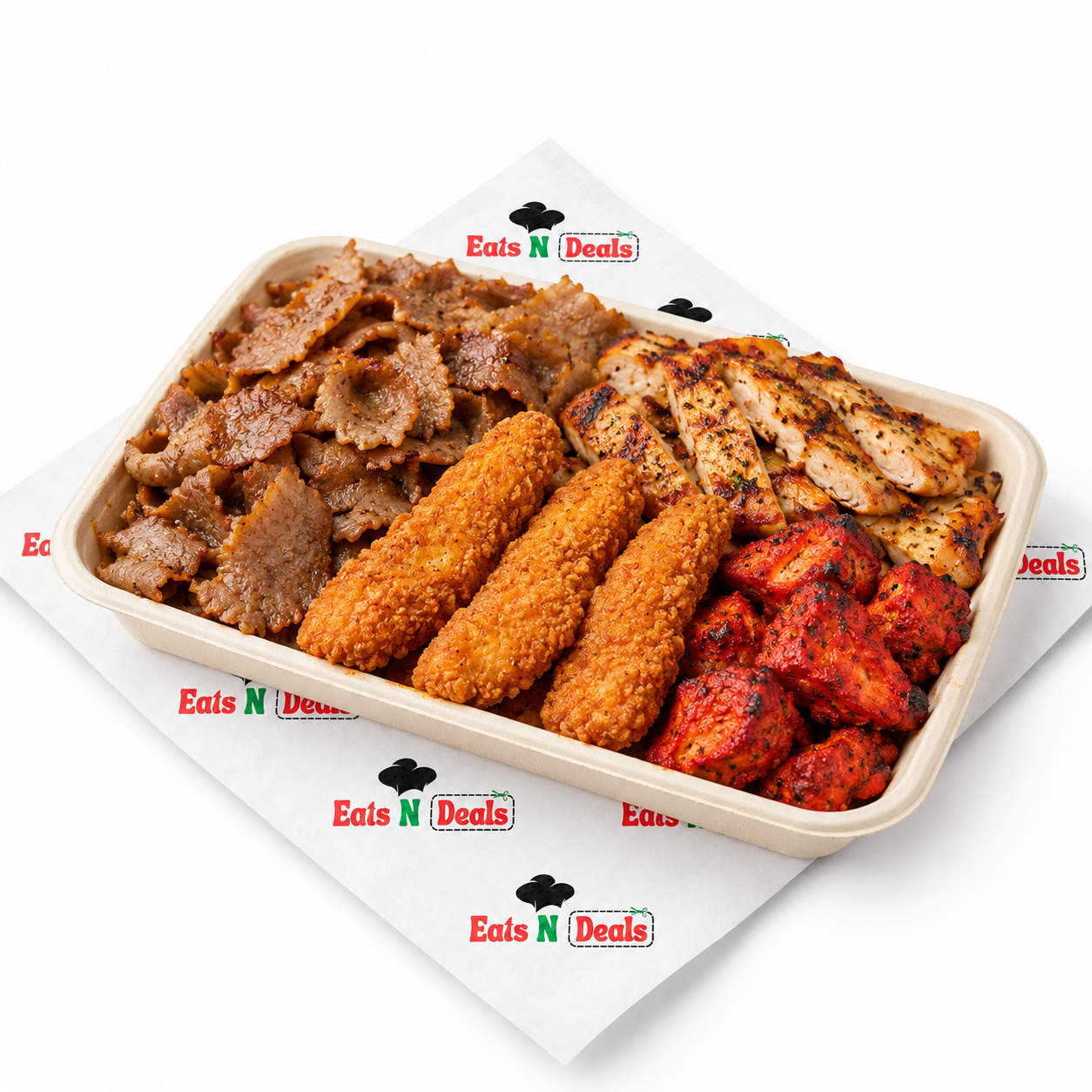 Donner In Tray With 3 Chicken Strips, Chicken Grill Steak & Red Tikka 