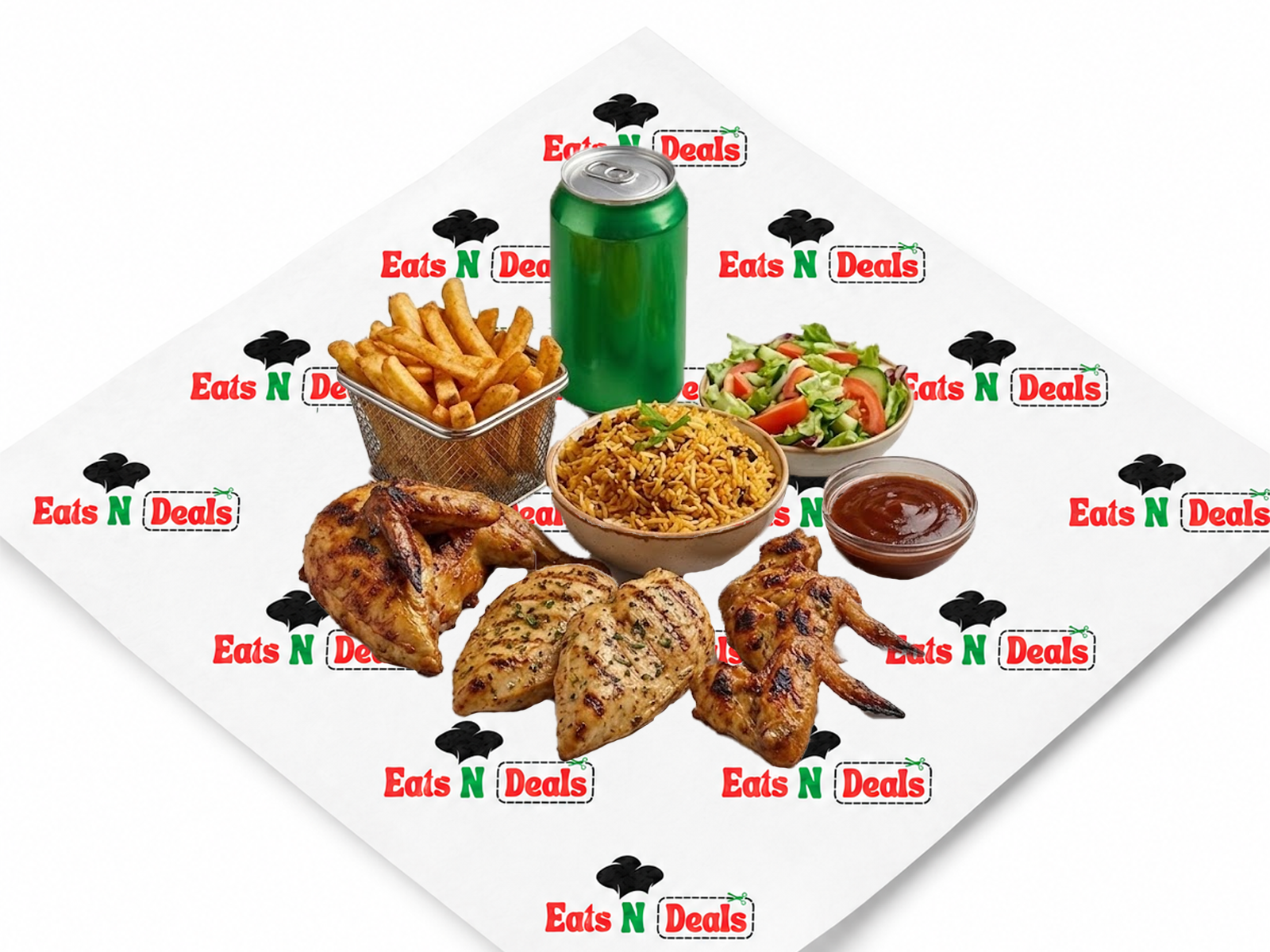 1/4 Grilled Chicken, 2 Chicken Breasts, 3 Grilled Wings, Rice & Salad