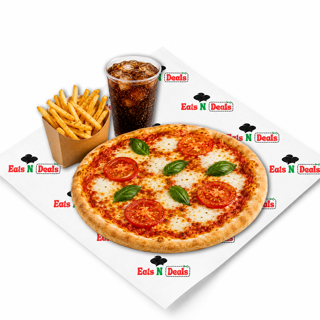 12 inch margherita pizza with 3 toppings fries and drink